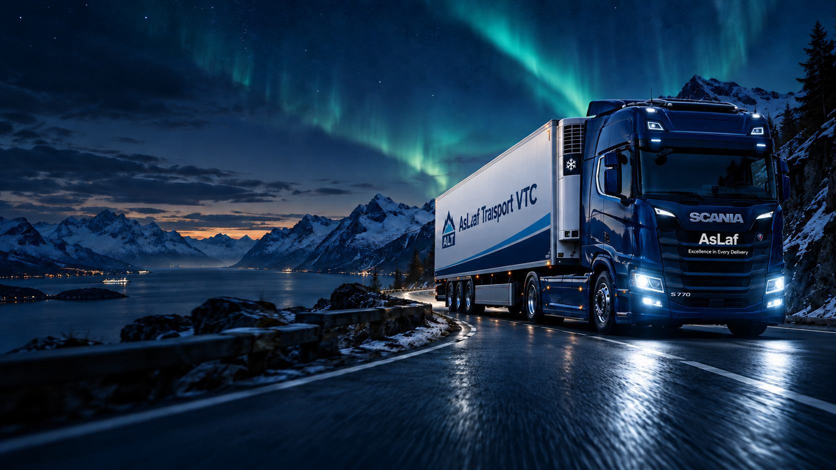 Blue Scania S 770 with AsLaf branding and an AsLaf Transport VTC refrigerated trailer on a Nordic mountain road under the northern lights